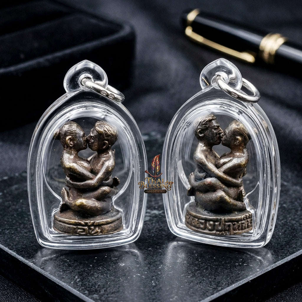 Authentic Thai Love Amulet "In Khoo Maha Saneh BE 2547" - Blackened Samlit Bronze Embracing Lovers Charm