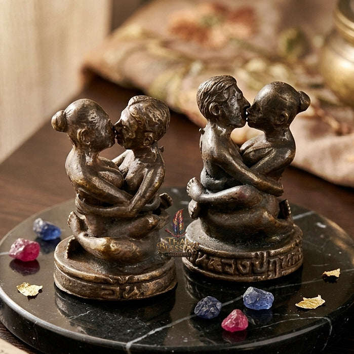 Authentic Thai Love Amulet "In Khoo Maha Saneh BE 2547" - Blackened Samlit Bronze Embracing Lovers Charm