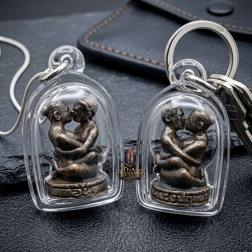 Authentic Thai Love Amulet "In Khoo Maha Saneh BE 2547" - Blackened Samlit Bronze Embracing Lovers Charm