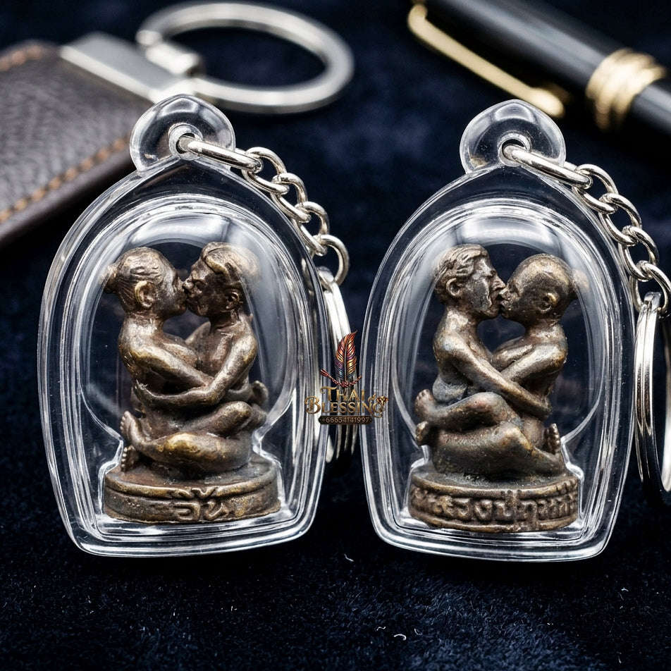 Authentic Thai Love Amulet "In Khoo Maha Saneh BE 2547" - Blackened Samlit Bronze Embracing Lovers Charm
