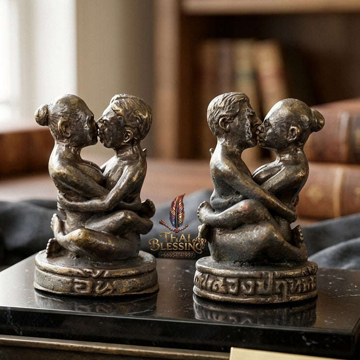 Authentic Thai Love Amulet "In Khoo Maha Saneh BE 2547" - Blackened Samlit Bronze Embracing Lovers Charm