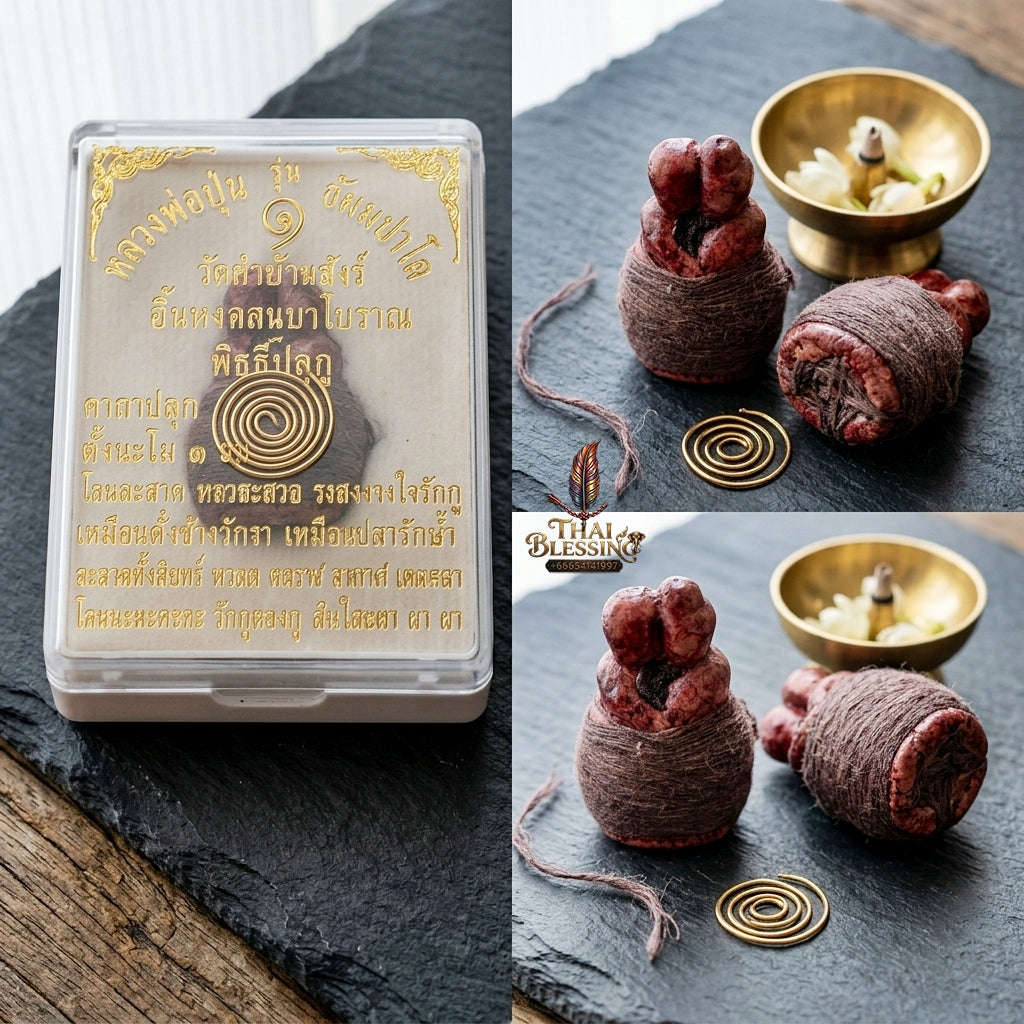 Authentic Thai Love Amulet "In Khoo Maha Saneh BE 2564" - Sacred Red Charm Powder & Thread-Bound Embracing Lovers