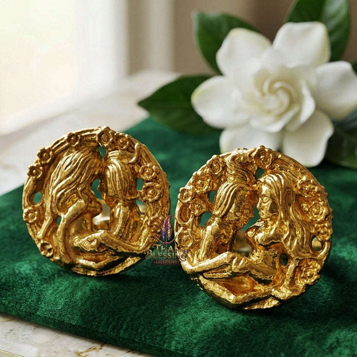Authentic Thai Love Amulet "In Khoo Maha Saneh BE 2566" - Gold-Plated Sacred Chanuan Yantra Embracing Lovers Charm