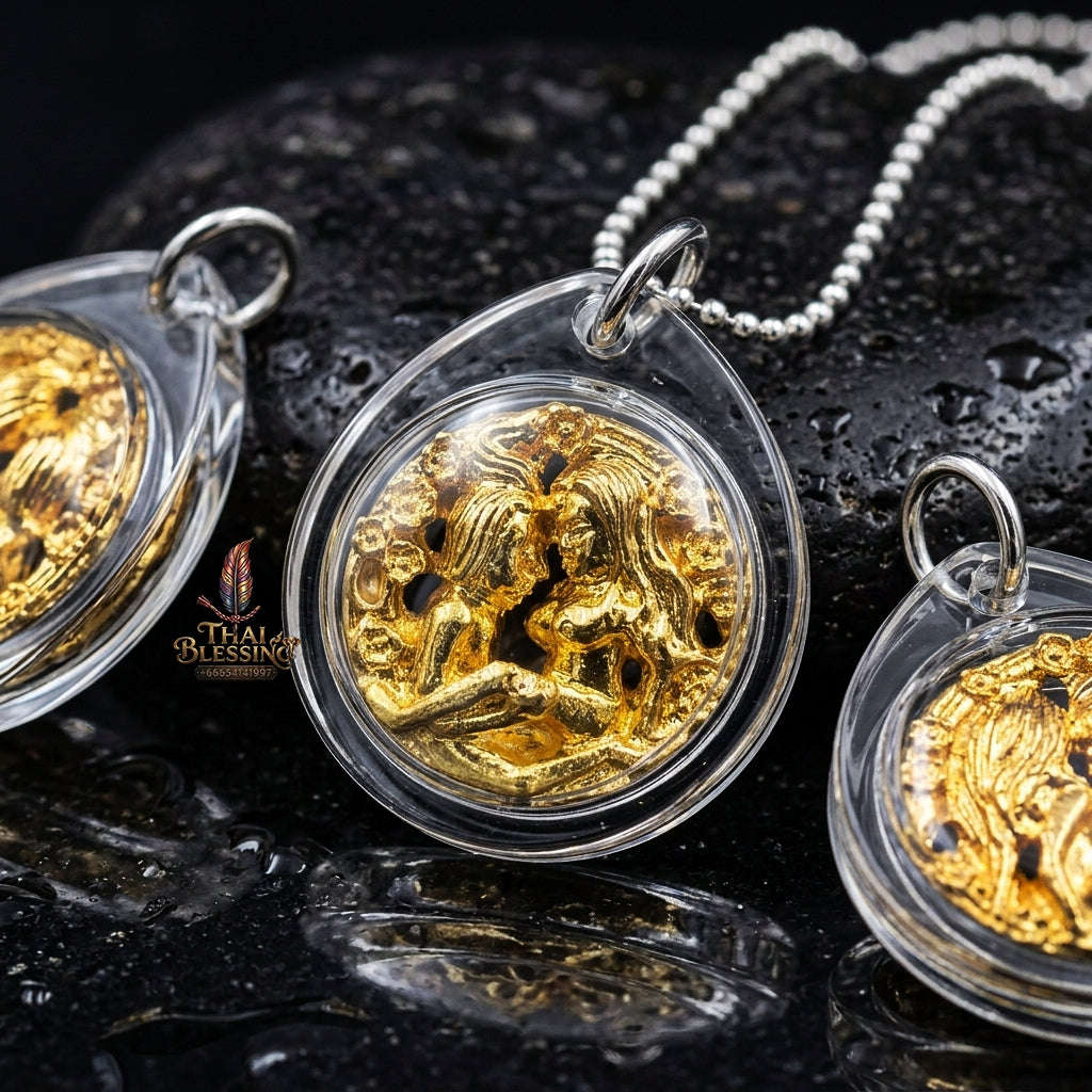 Authentic Thai Love Amulet "In Khoo Maha Saneh BE 2566" - Gold-Plated Sacred Chanuan Yantra Embracing Lovers Charm