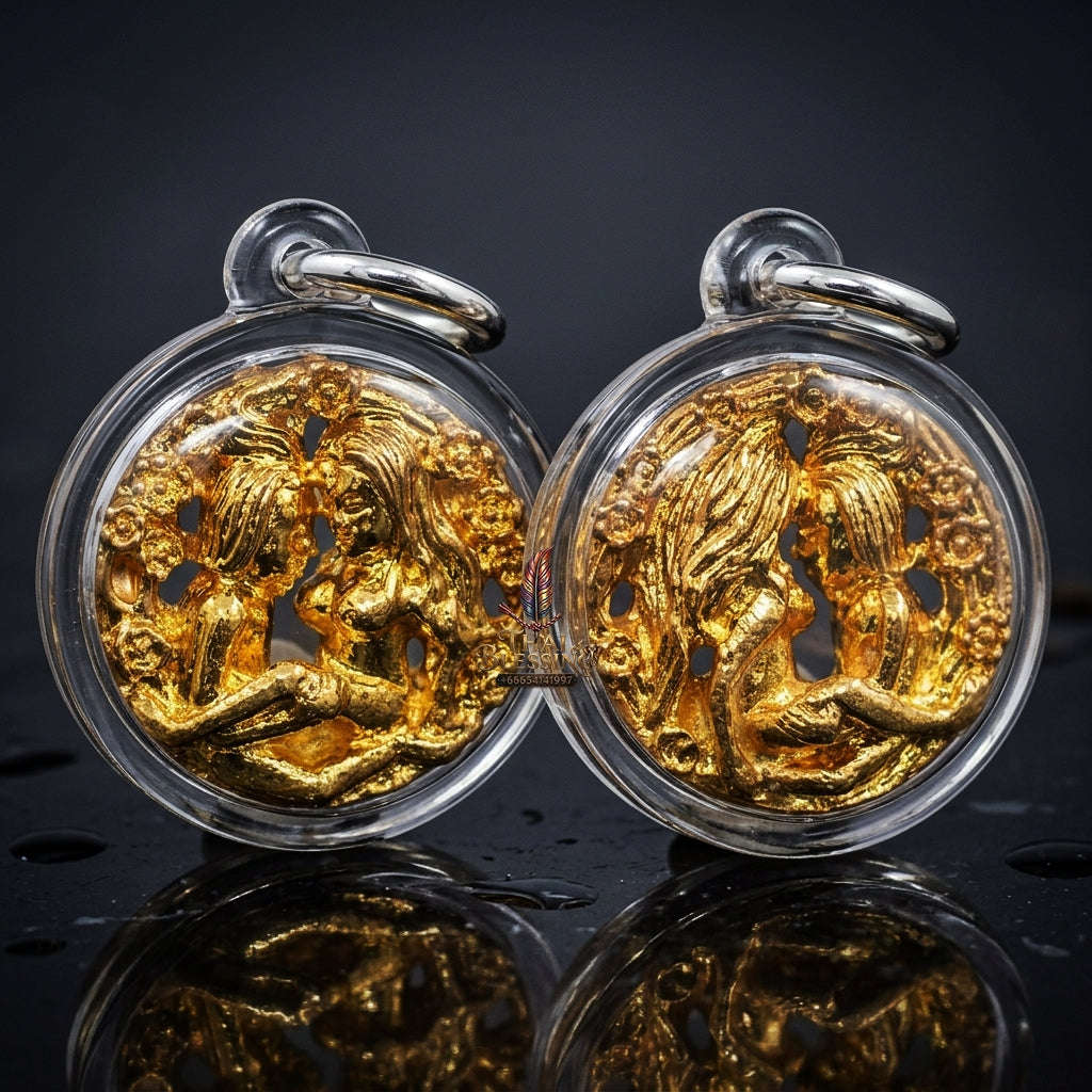Authentic Thai Love Amulet "In Khoo Maha Saneh BE 2566" - Gold-Plated Sacred Chanuan Yantra Embracing Lovers Charm