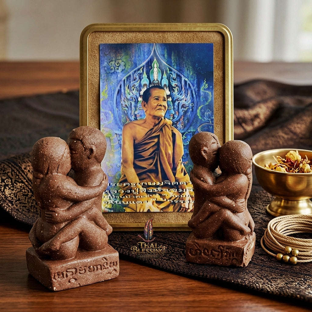 Authentic Thai Love Amulet "In Khoo Maha Saneh Leh Roi Rak BE 2558" - Secret Sacred Isan-Lanna Brown Charm Powder Seductive Talisman