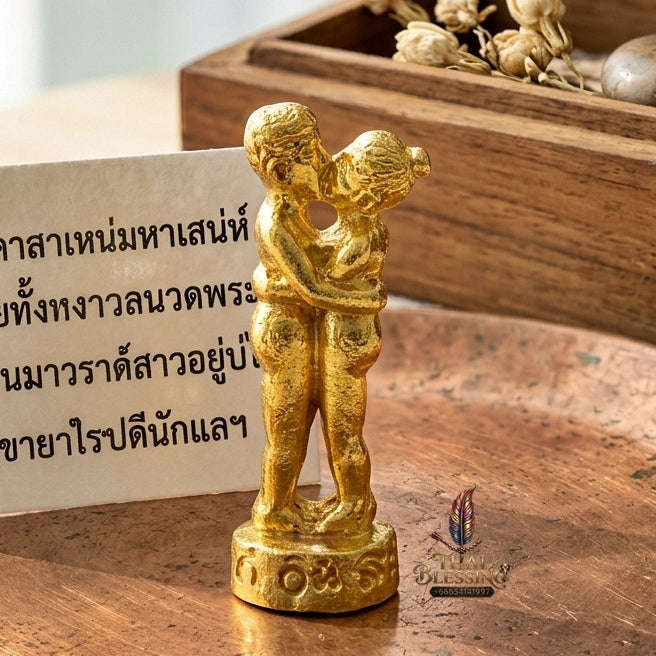 Authentic Thai Love Amulet "In Khoo Maha Saneh Mang Mi Ngoen Thong BE 2549" - Golden Brass Embracing Lovers & Wealth Charm