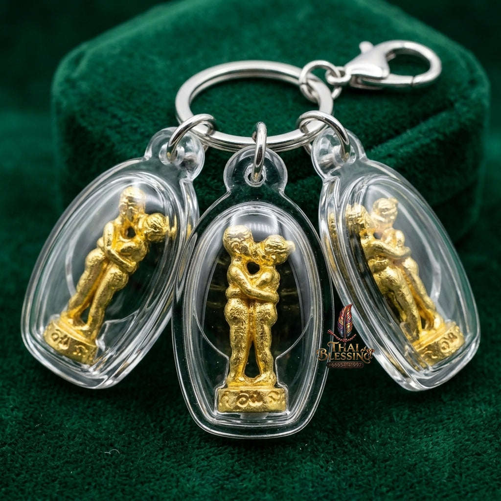 Authentic Thai Love Amulet "In Khoo Maha Saneh Mang Mi Ngoen Thong BE 2549" - Golden Brass Embracing Lovers & Wealth Charm