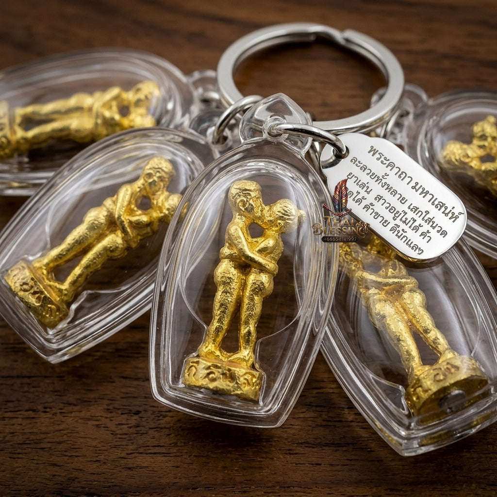 Authentic Thai Love Amulet "In Khoo Maha Saneh Mang Mi Ngoen Thong BE 2549" - Golden Brass Embracing Lovers & Wealth Charm