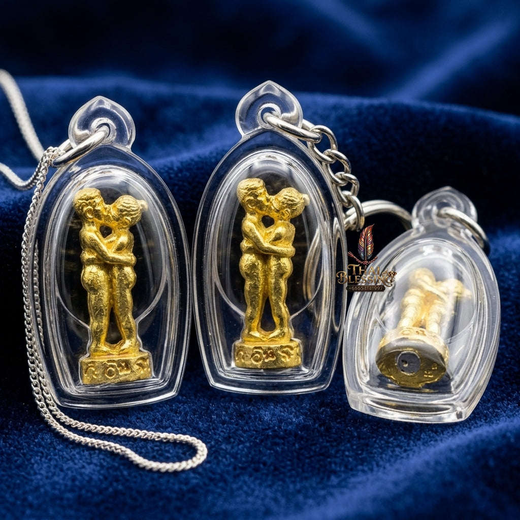 Authentic Thai Love Amulet "In Khoo Maha Saneh Mang Mi Ngoen Thong BE 2549" - Golden Brass Embracing Lovers & Wealth Charm