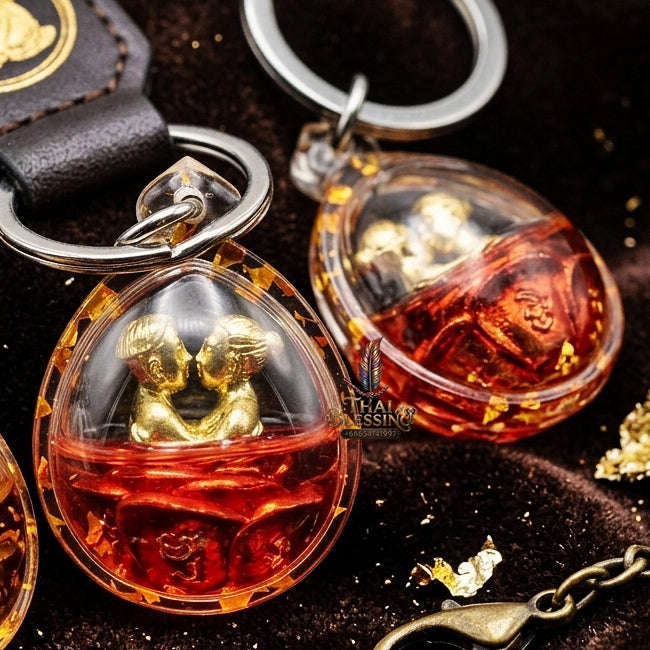 Authentic Thai Love Amulet "In Khu Saneh Mat Chit BE 2567" - Supreme Bell Brass Red Enamel & Rakha Lust Charm Oil Embracing Lovers
