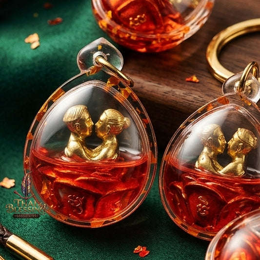 Authentic Thai Love Amulet "In Khu Saneh Mat Chit BE 2567" - Supreme Bell Brass Red Enamel & Rakha Lust Charm Oil Embracing Lovers
