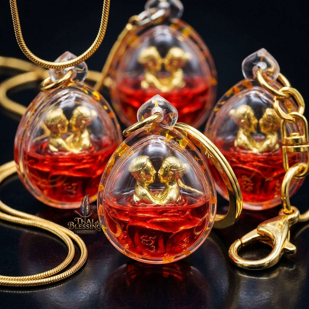 Authentic Thai Love Amulet "In Khu Saneh Mat Chit BE 2567" - Supreme Bell Brass Red Enamel & Rakha Lust Charm Oil Embracing Lovers