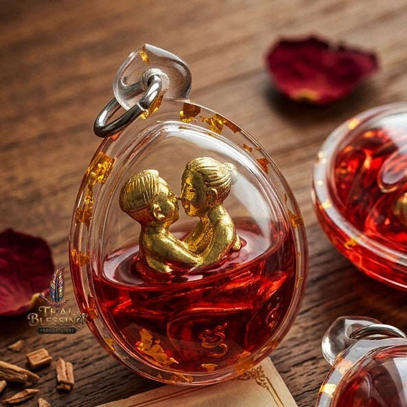 Authentic Thai Love Amulet "In Khu Saneh Mat Chit BE 2567" - Supreme Bell Brass Red Enamel & Rakha Lust Charm Oil Embracing Lovers