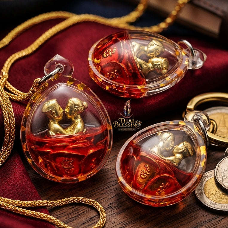 Authentic Thai Love Amulet "In Khu Saneh Mat Chit BE 2567" - Supreme Bell Brass Red Enamel & Rakha Lust Charm Oil Embracing Lovers