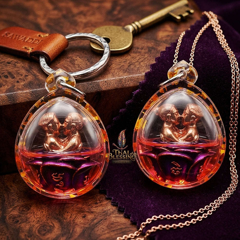 Authentic Thai Love Amulet "In Khu Saneh Mat Chit BE 2567" - Supreme Bronze Purple Enamel & Rakha Lust Charm Oil Embracing Lovers