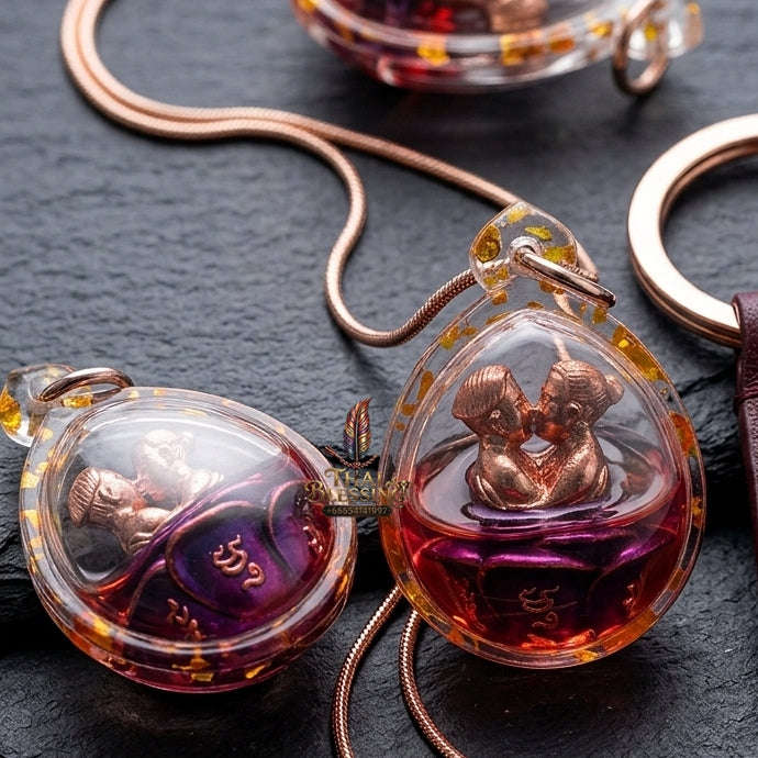 Authentic Thai Love Amulet "In Khu Saneh Mat Chit BE 2567" - Supreme Bronze Purple Enamel & Rakha Lust Charm Oil Embracing Lovers