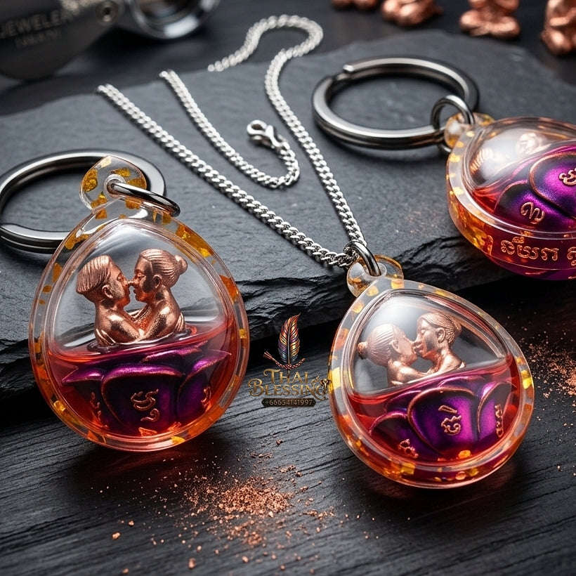 Authentic Thai Love Amulet "In Khu Saneh Mat Chit BE 2567" - Supreme Bronze Purple Enamel & Rakha Lust Charm Oil Embracing Lovers
