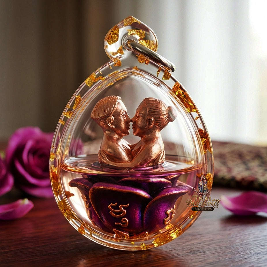Authentic Thai Love Amulet "In Khu Saneh Mat Chit BE 2567" - Supreme Bronze Purple Enamel & Rakha Lust Charm Oil Embracing Lovers