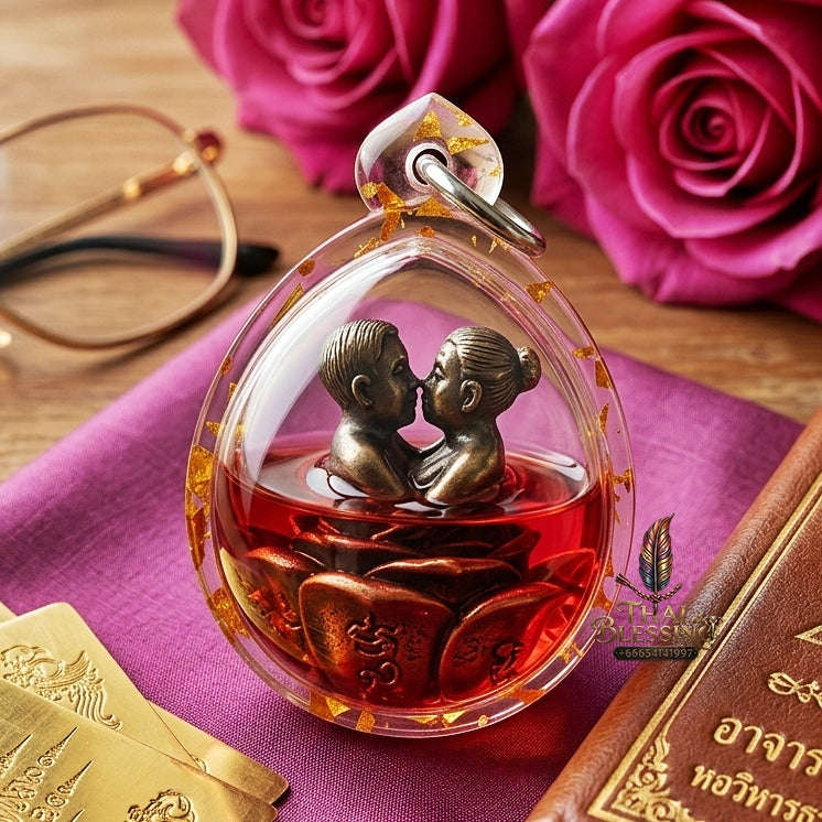 Authentic Thai Love Amulet "In Khu Saneh Mat Chit BE 2567" - Supreme Khan Long Hin Bronze & Rakha Lust Charm Oil Embracing Lovers