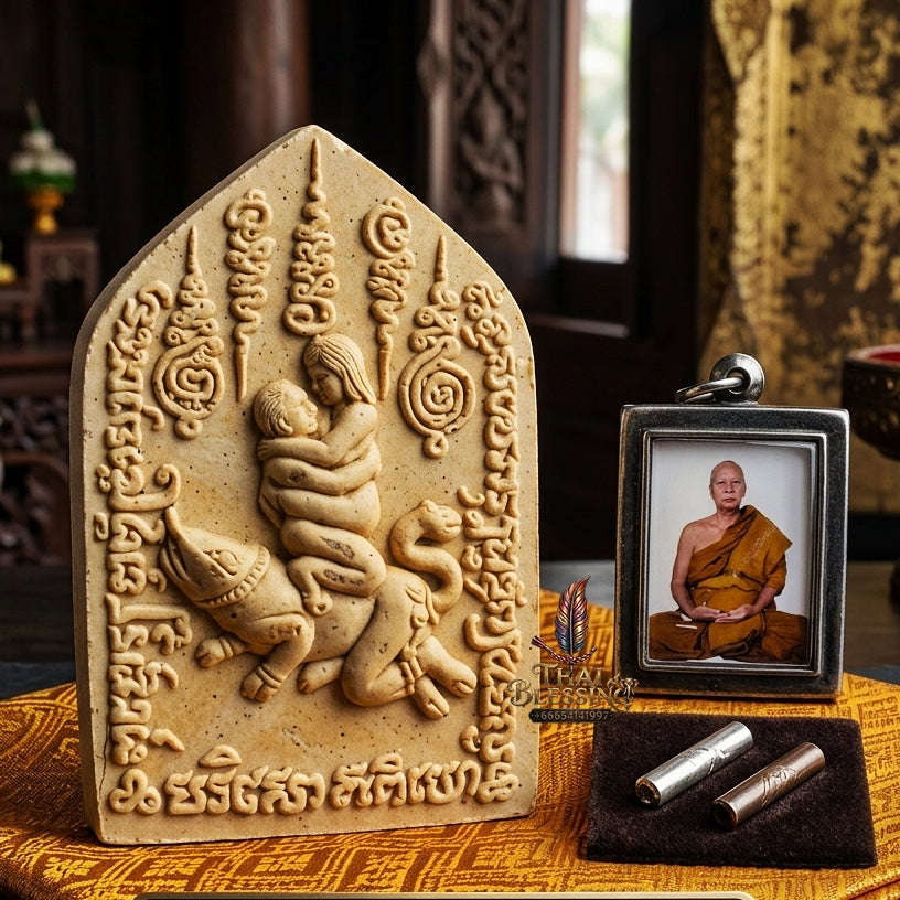 Authentic Thai Love Amulet "In Maha Saneh BE 2553" - Golden Dok Thong Herbal Powder & Silver Takrut Seductive Talisman Thai Blessing Co By RURUECHA