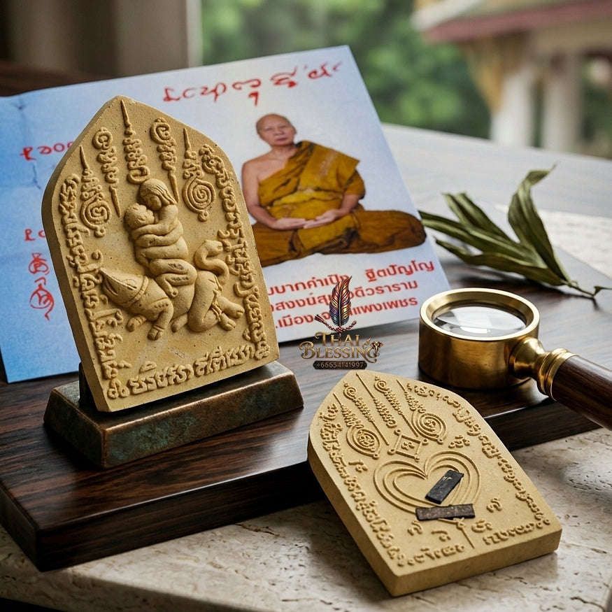 Authentic Thai Love Amulet "In Maha Saneh BE 2553" - Golden Dok Thong Herbal Powder & Silver Takrut Seductive Talisman Thai Blessing Co By RURUECHA