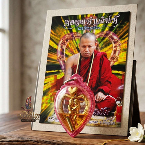 Authentic Thai Love Amulet "In Saneh Mat Chit BE 2557" - Supreme Gold-Plated Bronze & Charm Oil Heart-Bound Lovers Thai Blessing Co By RURUECHA