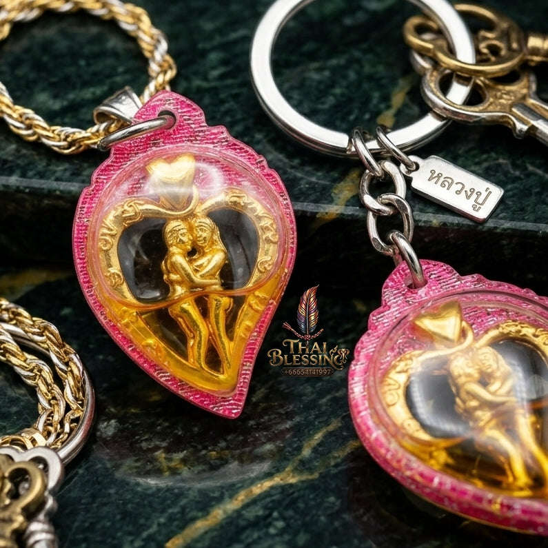 Authentic Thai Love Amulet "In Saneh Mat Chit BE 2557" - Supreme Gold-Plated Bronze & Charm Oil Heart-Bound Lovers Thai Blessing Co By RURUECHA