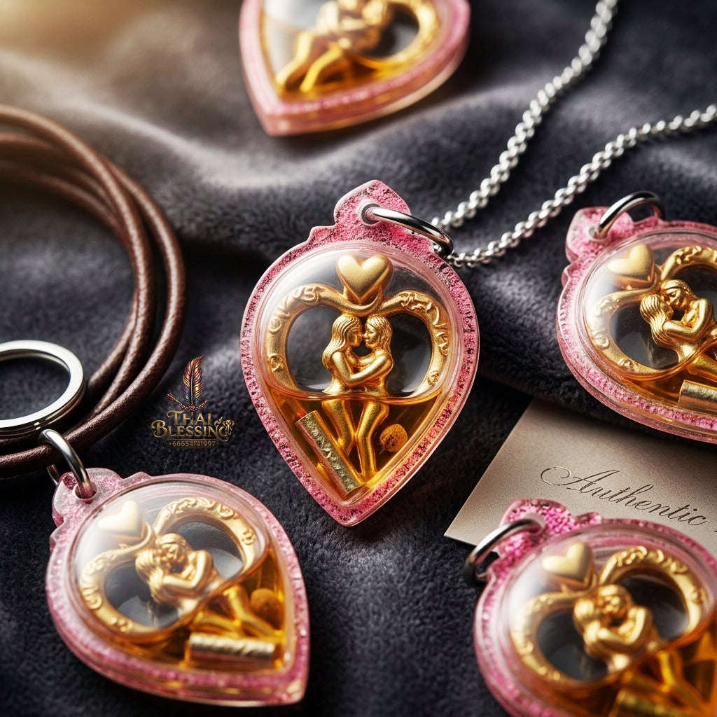 Authentic Thai Love Amulet "In Saneh Mat Chit BE 2557" - Supreme Gold-Plated Bronze & Charm Oil Heart-Bound Lovers Thai Blessing Co By RURUECHA