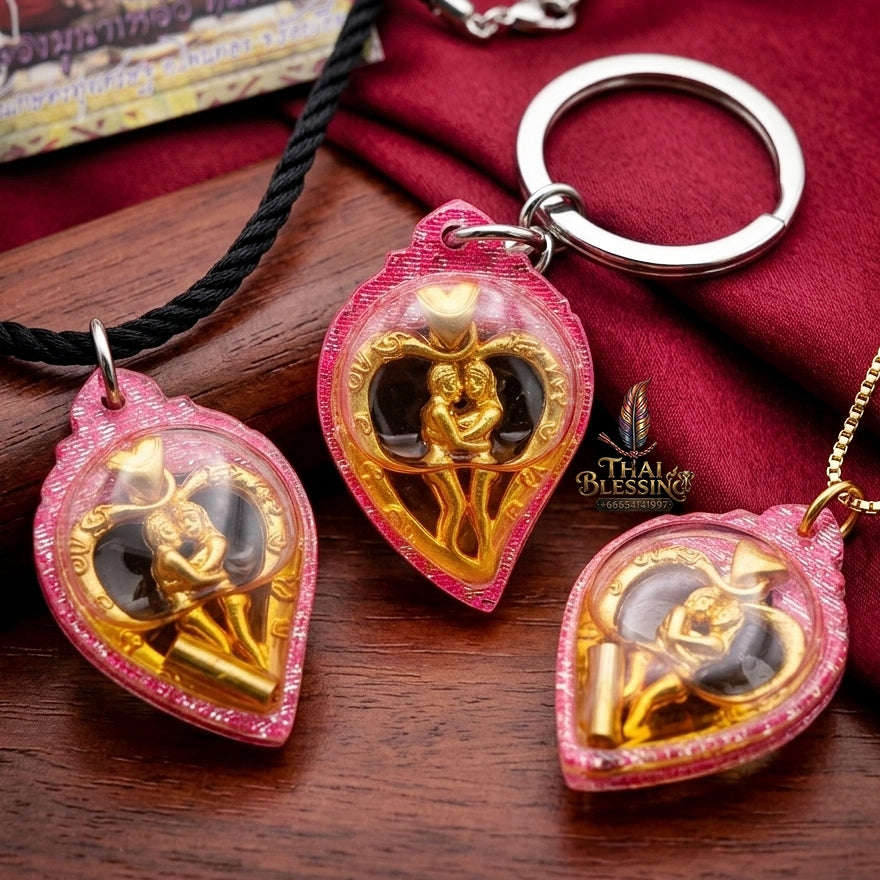 Authentic Thai Love Amulet "In Saneh Mat Chit BE 2557" - Supreme Gold-Plated Bronze & Charm Oil Heart-Bound Lovers Thai Blessing Co By RURUECHA