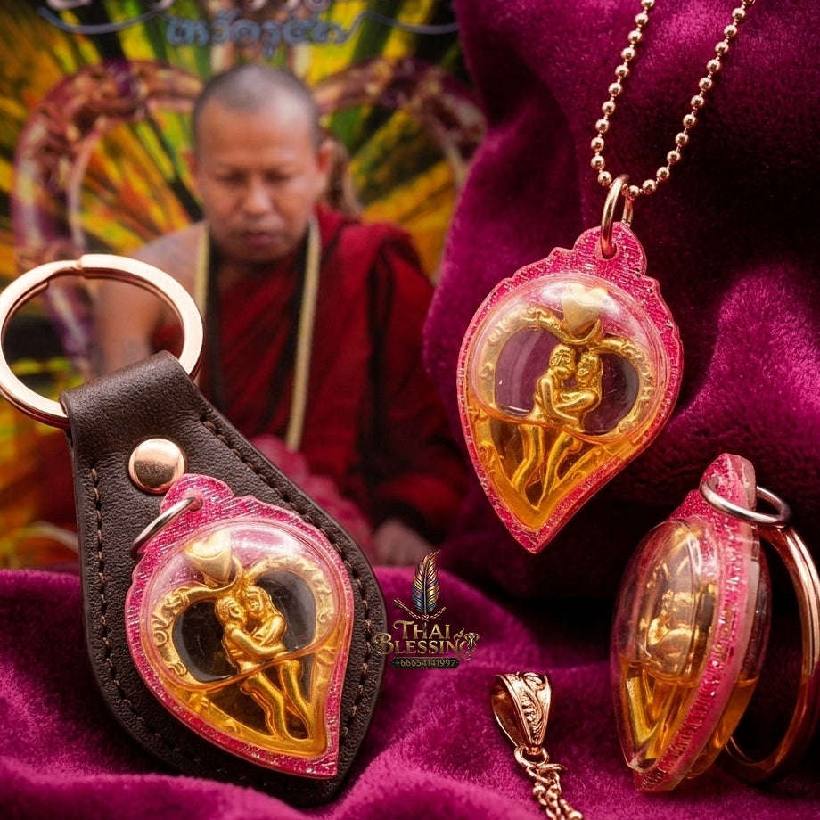 Authentic Thai Love Amulet "In Saneh Mat Chit BE 2557" - Supreme Gold-Plated Bronze & Charm Oil Heart-Bound Lovers Thai Blessing Co By RURUECHA
