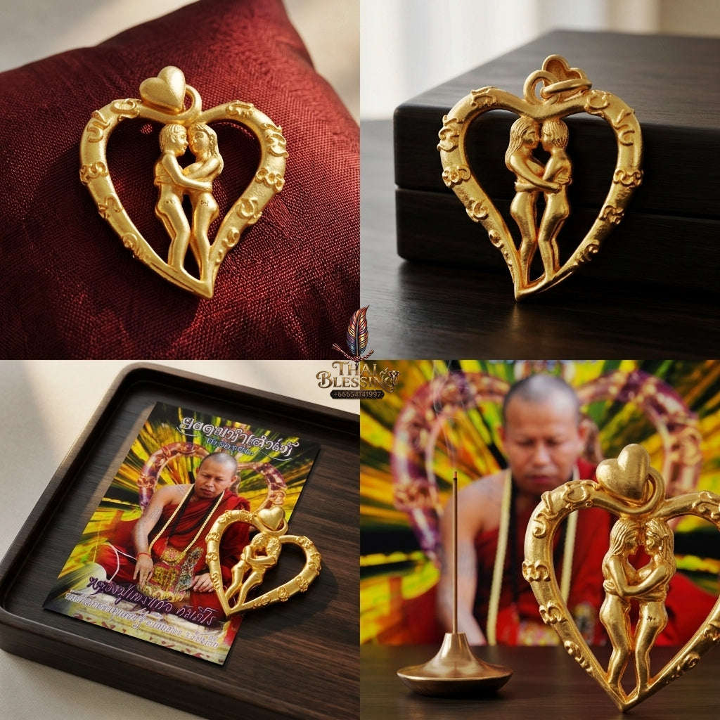Authentic Thai Love Amulet "In Saneh Mat Chit BE 2557" - Supreme Gold-Plated Bronze Heart-Bound Embracing Lovers Charm