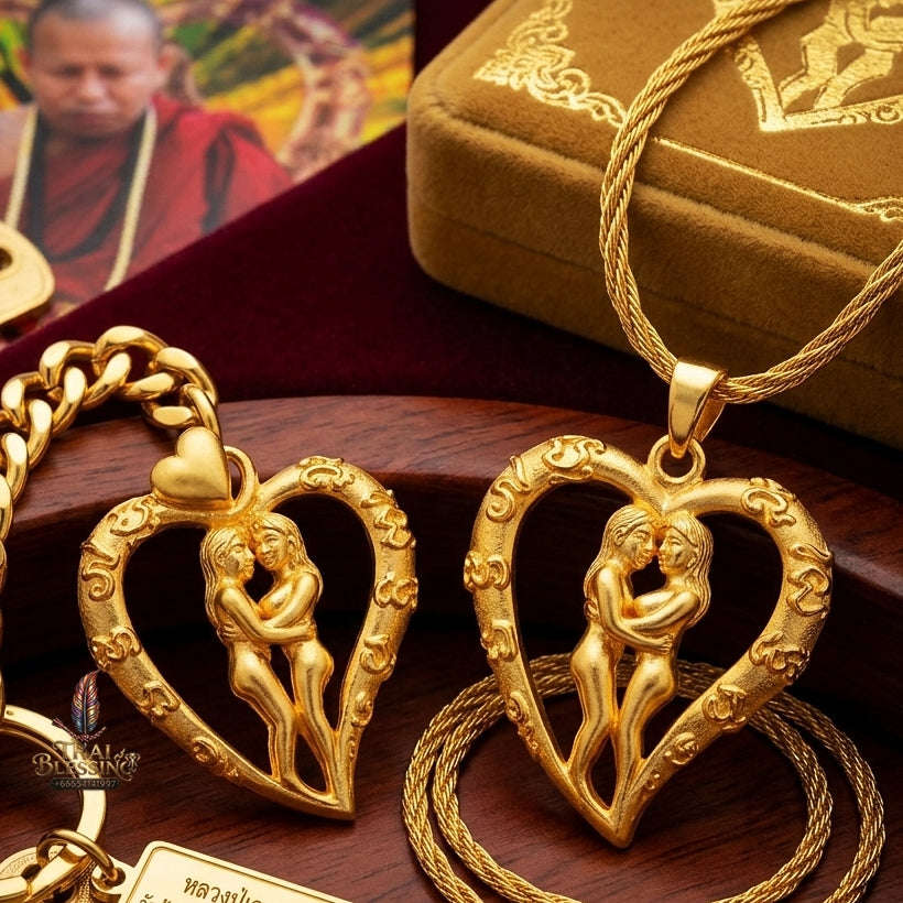 Authentic Thai Love Amulet "In Saneh Mat Chit BE 2557" - Supreme Gold-Plated Bronze Heart-Bound Embracing Lovers Charm