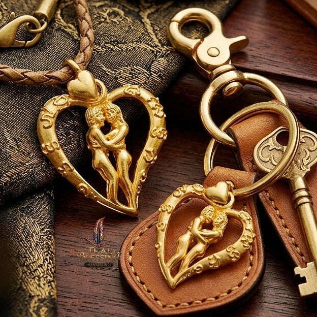 Authentic Thai Love Amulet "In Saneh Mat Chit BE 2557" - Supreme Gold-Plated Bronze Heart-Bound Embracing Lovers Charm