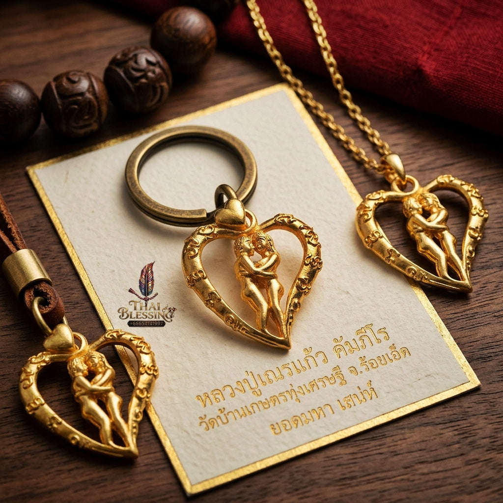 Authentic Thai Love Amulet "In Saneh Mat Chit BE 2557" - Supreme Gold-Plated Bronze Heart-Bound Embracing Lovers Charm