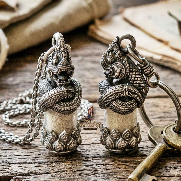 Authentic Thai Love & Wealth Amulet "Chang Phasom Khlong Sacred Powder in Naga Destiny Pendant" (Aged Satin Silver Finish) Consecrated by Chao Sala Oo Wizhingta B.E. 2569 (2026) Thai Blessing Co By RURUECHA