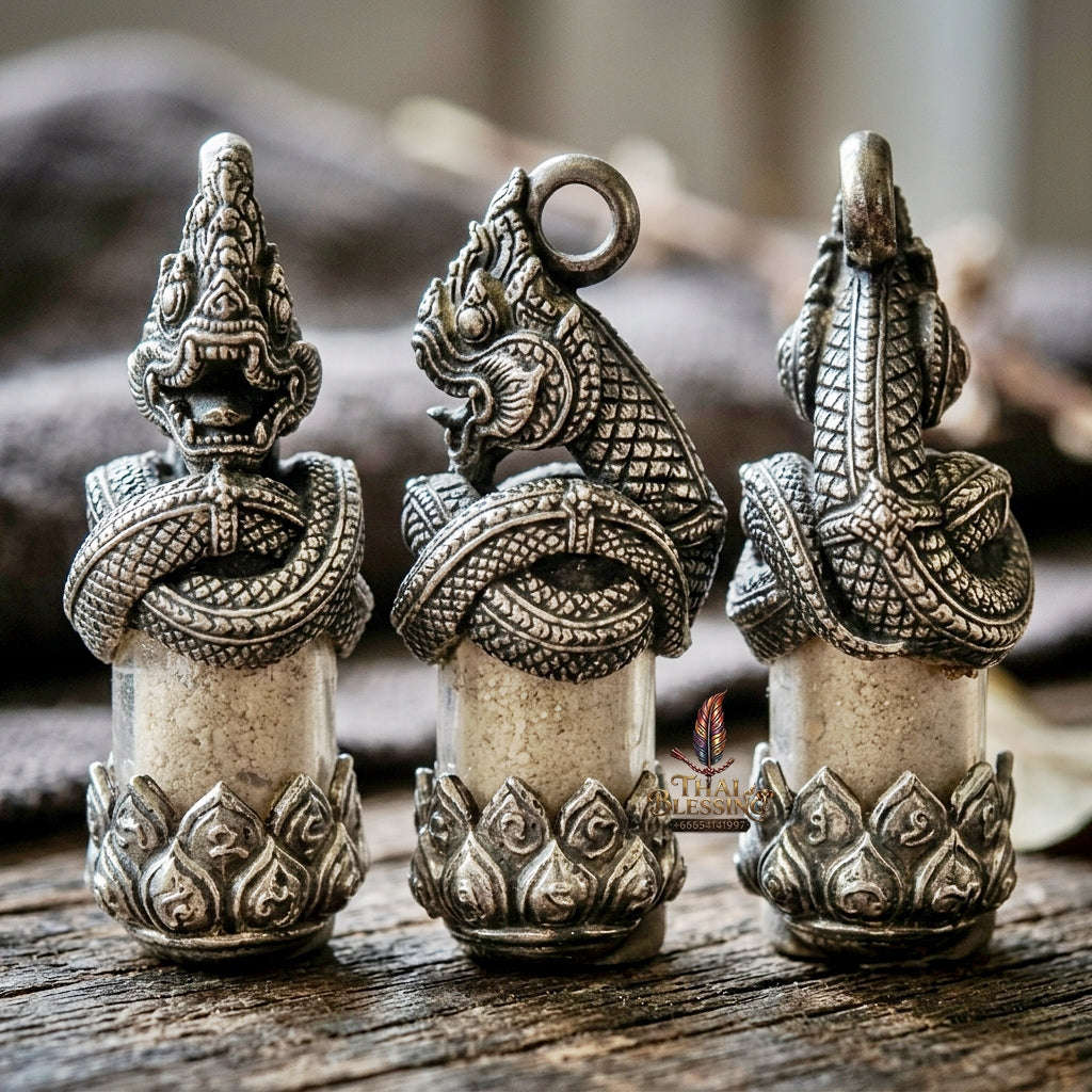 Authentic Thai Love & Wealth Amulet "Chang Phasom Khlong Sacred Powder in Naga Destiny Pendant" (Aged Satin Silver Finish) Consecrated by Chao Sala Oo Wizhingta B.E. 2569 (2026) Thai Blessing Co By RURUECHA