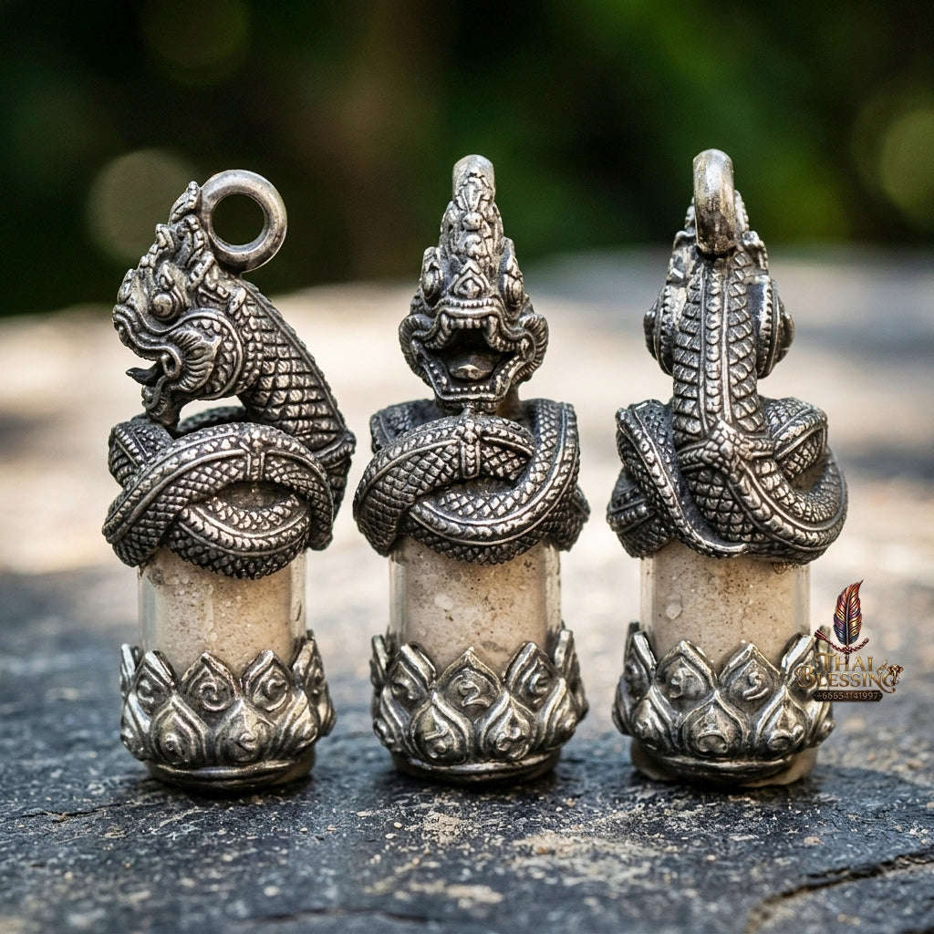 Authentic Thai Love & Wealth Amulet "Chang Phasom Khlong Sacred Powder in Naga Destiny Pendant" (Aged Satin Silver Finish) Consecrated by Chao Sala Oo Wizhingta B.E. 2569 (2026) Thai Blessing Co By RURUECHA