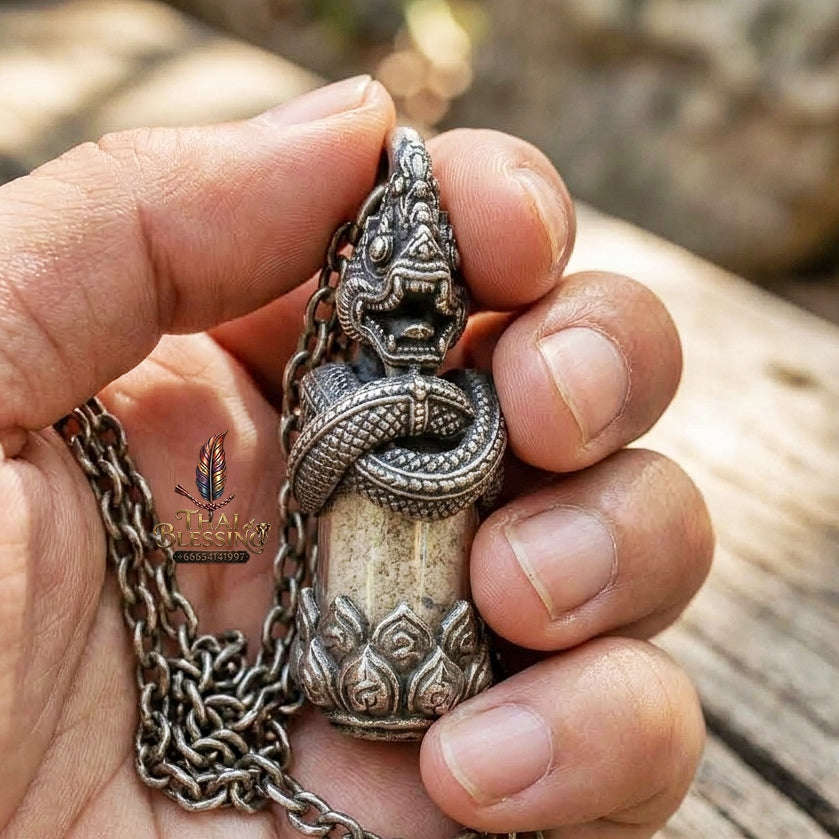 Authentic Thai Love & Wealth Amulet "Chang Phasom Khlong Sacred Powder in Naga Destiny Pendant" (Aged Satin Silver Finish) Consecrated by Chao Sala Oo Wizhingta B.E. 2569 (2026) Thai Blessing Co By RURUECHA