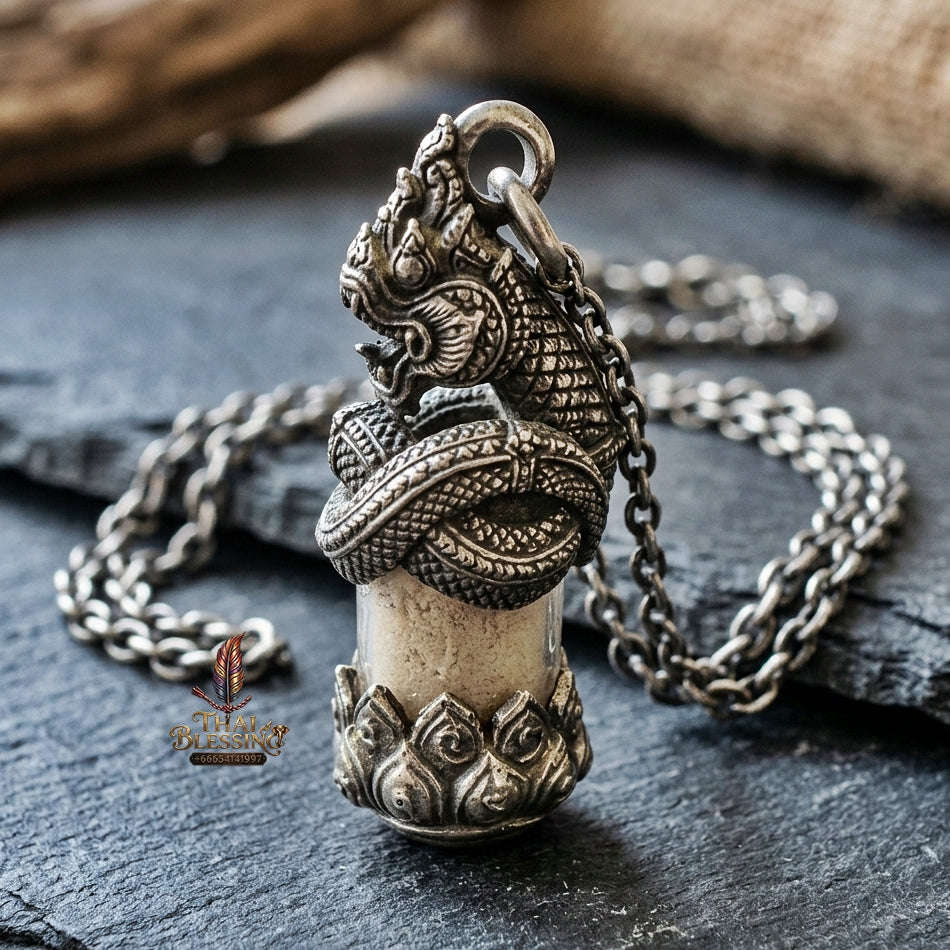 Authentic Thai Love & Wealth Amulet "Chang Phasom Khlong Sacred Powder in Naga Destiny Pendant" (Aged Satin Silver Finish) Consecrated by Chao Sala Oo Wizhingta B.E. 2569 (2026) Thai Blessing Co By RURUECHA