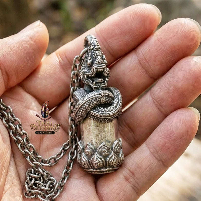 Authentic Thai Love & Wealth Amulet "Chang Phasom Khlong Sacred Powder in Naga Destiny Pendant" (Aged Satin Silver Finish) Consecrated by Chao Sala Oo Wizhingta B.E. 2569 (2026) Thai Blessing Co By RURUECHA
