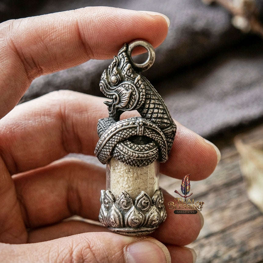 Authentic Thai Love & Wealth Amulet "Chang Phasom Khlong Sacred Powder in Naga Destiny Pendant" (Aged Satin Silver Finish) Consecrated by Chao Sala Oo Wizhingta B.E. 2569 (2026) Thai Blessing Co By RURUECHA