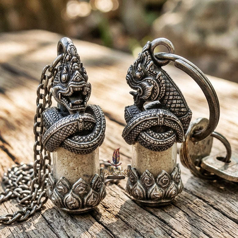 Authentic Thai Love & Wealth Amulet "Chang Phasom Khlong Sacred Powder in Naga Destiny Pendant" (Aged Satin Silver Finish) Consecrated by Chao Sala Oo Wizhingta B.E. 2569 (2026) Thai Blessing Co By RURUECHA
