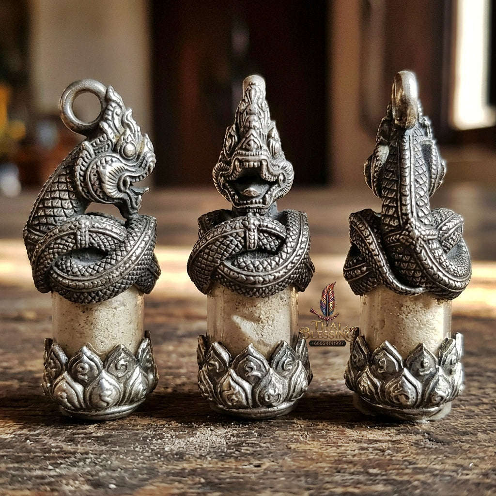 Authentic Thai Love & Wealth Amulet "Chang Phasom Khlong Sacred Powder in Naga Destiny Pendant" (Aged Satin Silver Finish) Consecrated by Chao Sala Oo Wizhingta B.E. 2569 (2026) Thai Blessing Co By RURUECHA