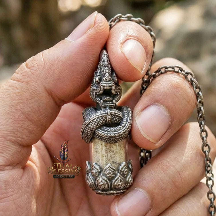 Authentic Thai Love & Wealth Amulet "Chang Phasom Khlong Sacred Powder in Naga Destiny Pendant" (Aged Satin Silver Finish) Consecrated by Chao Sala Oo Wizhingta B.E. 2569 (2026) Thai Blessing Co By RURUECHA