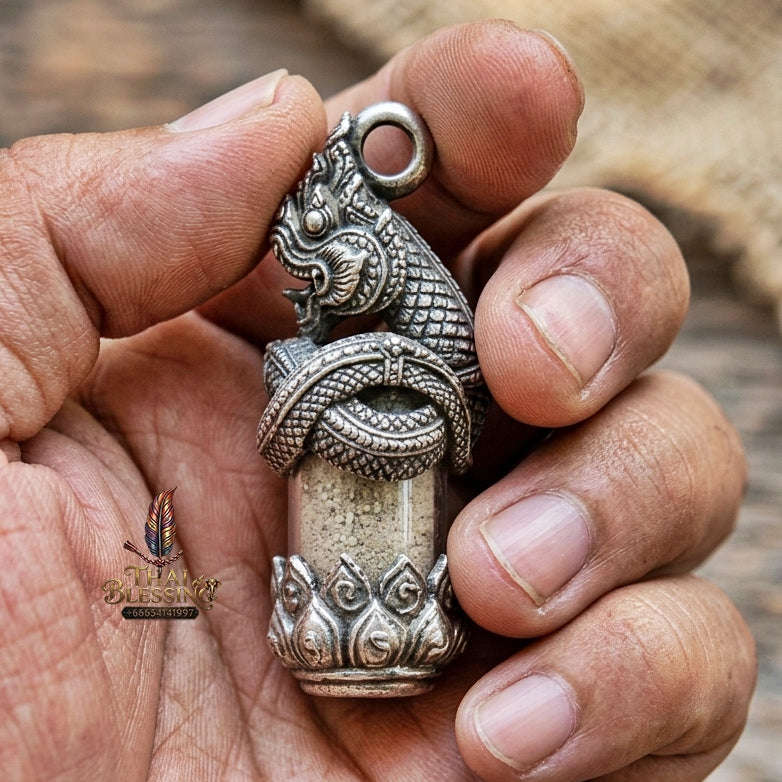 Authentic Thai Love & Wealth Amulet "Chang Phasom Khlong Sacred Powder in Naga Destiny Pendant" (Aged Satin Silver Finish) Consecrated by Chao Sala Oo Wizhingta B.E. 2569 (2026) Thai Blessing Co By RURUECHA
