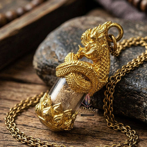 Authentic Thai Love & Wealth Amulet "Chang Phasom Khlong Sacred Powder in Naga Destiny Pendant" (Brushed Golden Brass Finish) Consecrated by Chao Sala Oo Wizhingta B.E. 2569 (2026) Thai Blessing Co By RURUECHA
