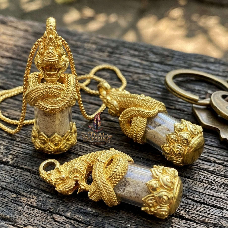 Authentic Thai Love & Wealth Amulet "Chang Phasom Khlong Sacred Powder in Naga Destiny Pendant" (Brushed Golden Brass Finish) Consecrated by Chao Sala Oo Wizhingta B.E. 2569 (2026) Thai Blessing Co By RURUECHA