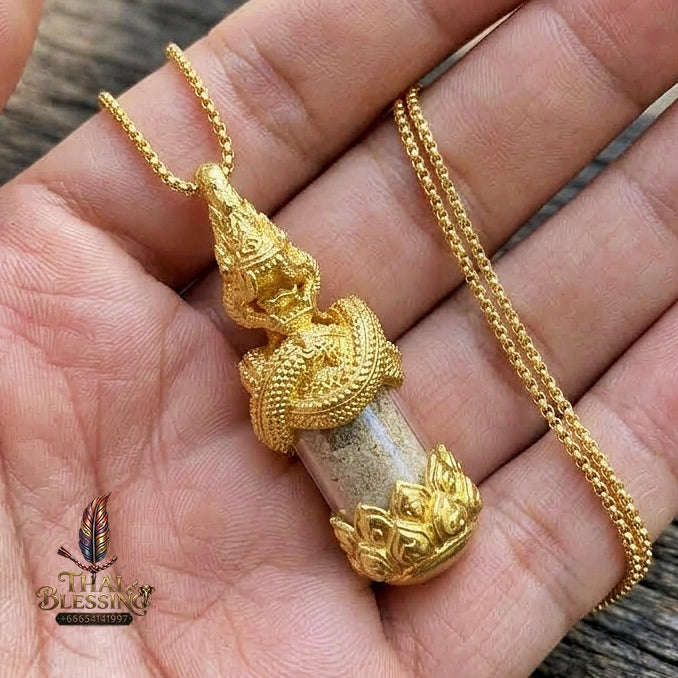 Authentic Thai Love & Wealth Amulet "Chang Phasom Khlong Sacred Powder in Naga Destiny Pendant" (Brushed Golden Brass Finish) Consecrated by Chao Sala Oo Wizhingta B.E. 2569 (2026) Thai Blessing Co By RURUECHA