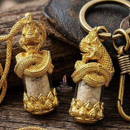 Authentic Thai Love & Wealth Amulet "Chang Phasom Khlong Sacred Powder in Naga Destiny Pendant" (Brushed Golden Brass Finish) Consecrated by Chao Sala Oo Wizhingta B.E. 2569 (2026) Thai Blessing Co By RURUECHA